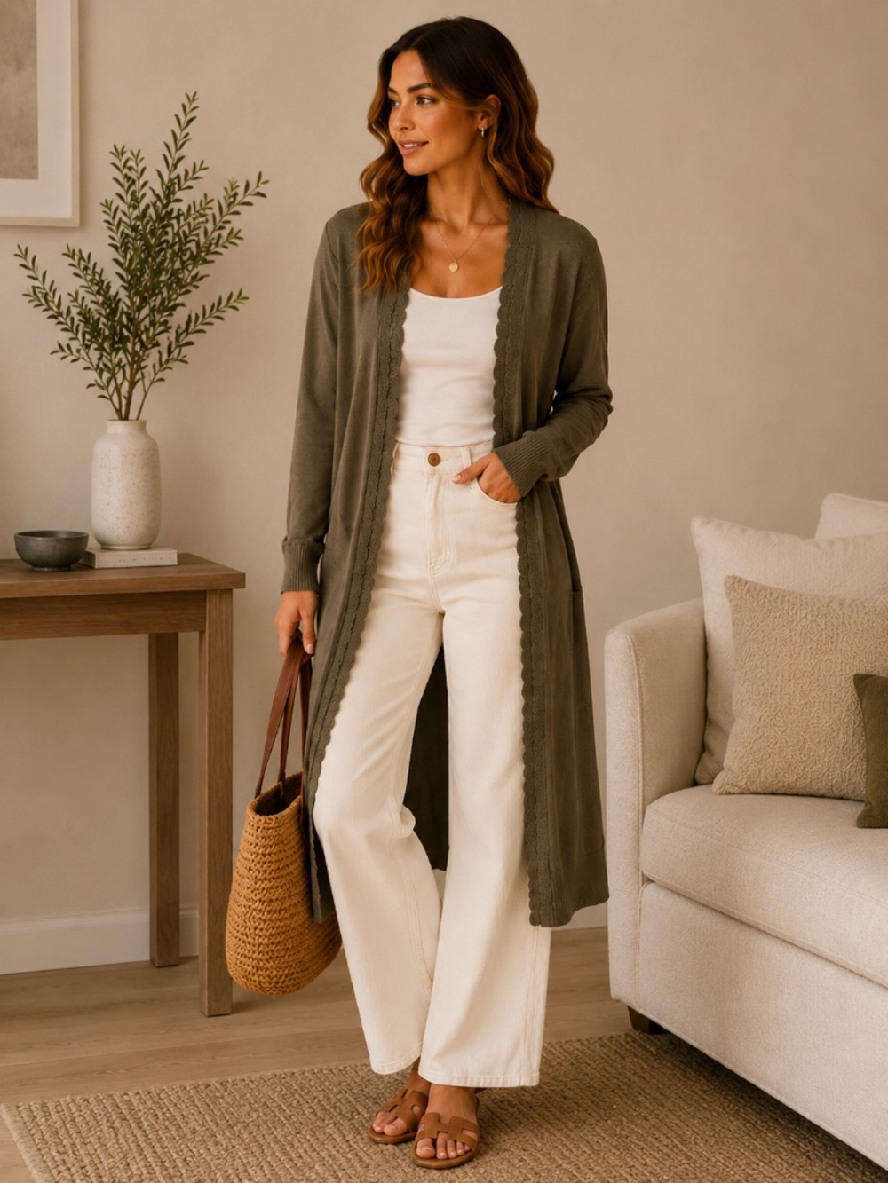 Cable & Gauge Olive Knit Long Cardigan
